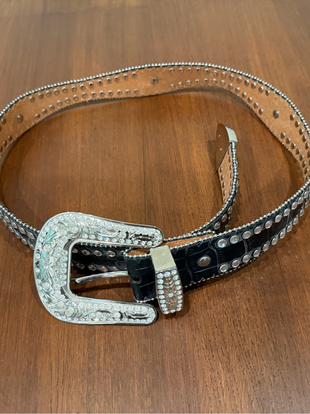 Studded Brown Western Belt with Ornate Silver Buckle - Picture 2 of 5